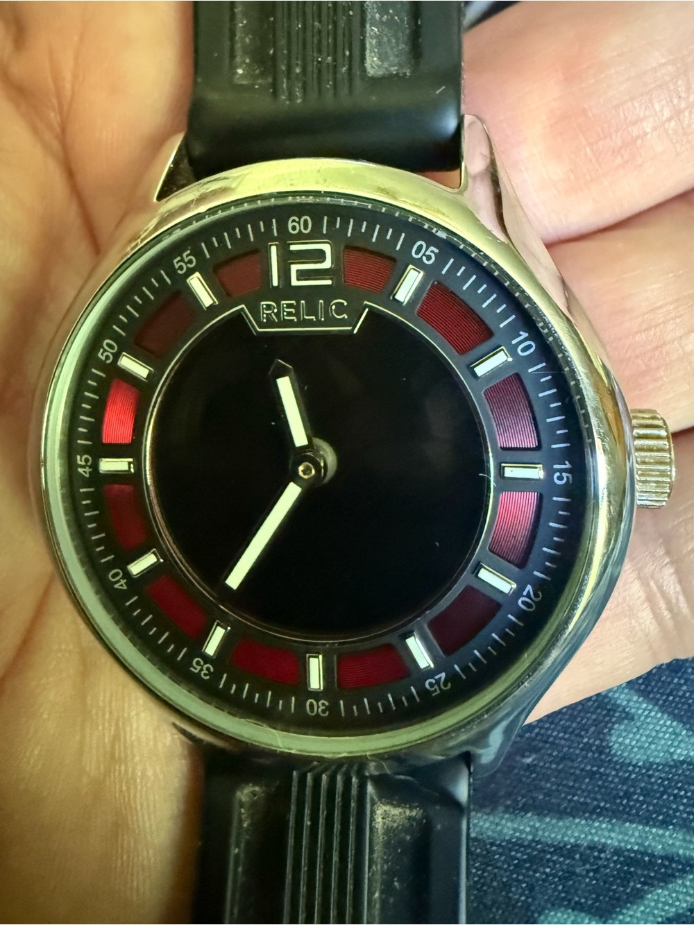 Relic Black Dial Watch with Red Accent Ring